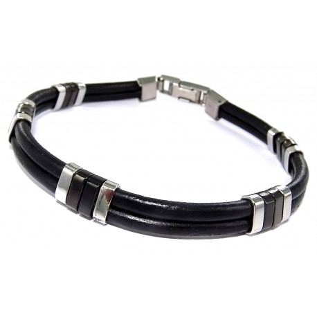 Bracelet acier 2 tons et cuir 21 cm