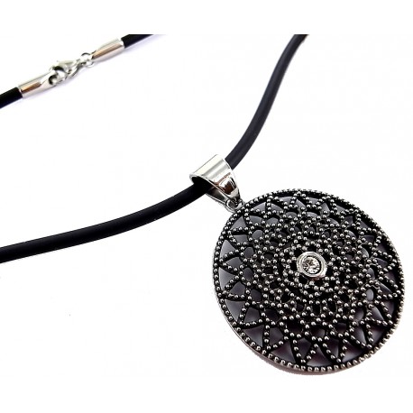 Collier acier strass sur caoutchouc noir 42cm