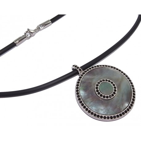 Collier acier strass et nacre sur caoutchouc noir 42cm