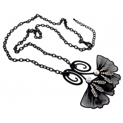 Sautoir fantaisie 70+7cm ginkgo finition noire strass