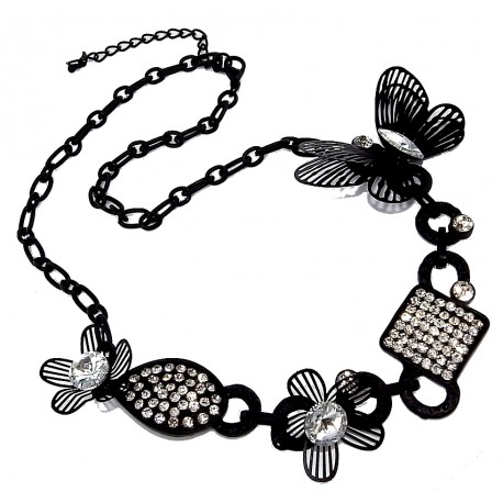 Collier fantaisie 50+7cm fleur et papillon finition noire str