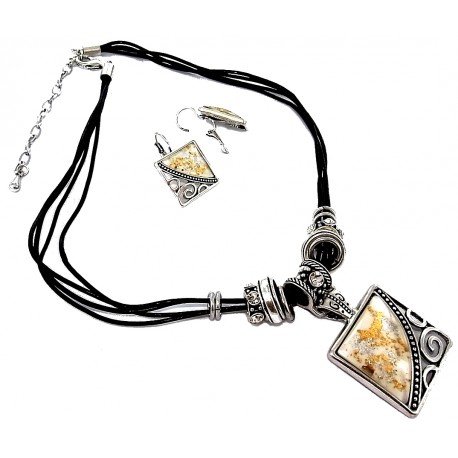 Parure fantaisie  résine et strass, collier cuir 42+8cm +BO
