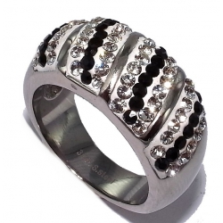 Bague  acier t 52 à 60 strass blanc et noir