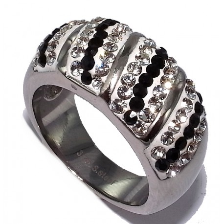 Bague  acier t 52 à 60 strass blanc et noir