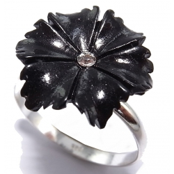 Bague argent 1g taille  50 à 60 fleur résine noire cristal