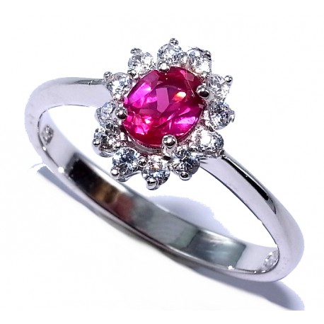 Bague argent 2,2g rhodié t 50 à 60 zircon et rubis synthétique