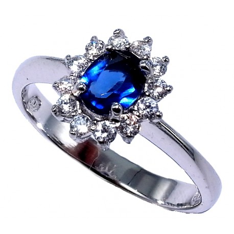 Bague argent 2,4g rhodié t 50 à 60 zircon et saphir synthétique