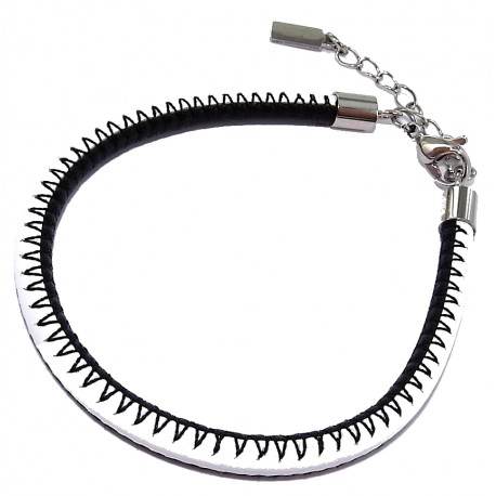 Bracelet acier et cuir 17+3cm noir et blanc