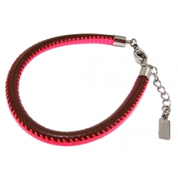 Bracelet acier et cuir 17+3cm rose et marron