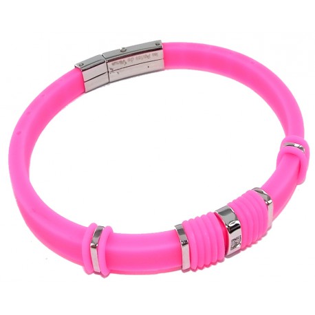 Bracelet acier et silicone fuchsia zircon