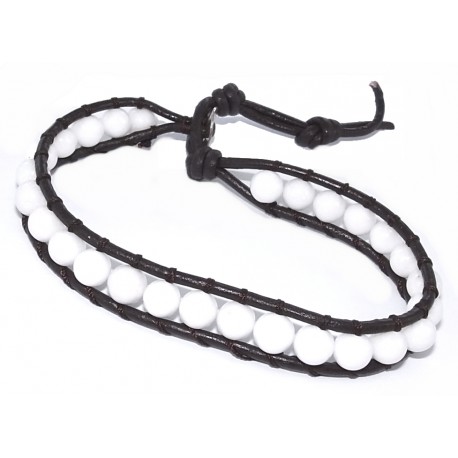 Bracelet argent  0,5g cuir  aventurine blanche