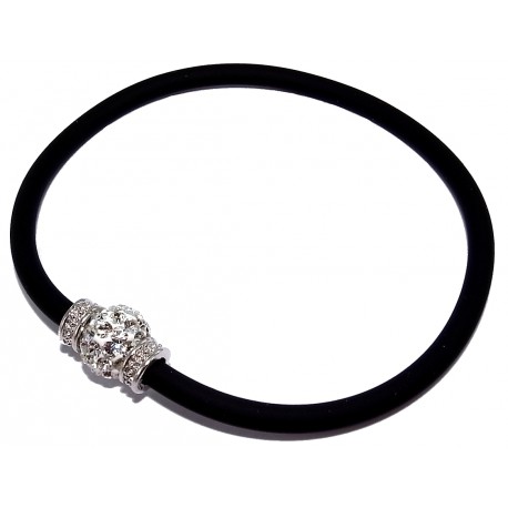 Bracelet argent rhodié 1g silicone noir strass noir élastique