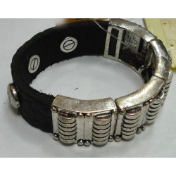 Bracelet élastique métal et cuir noir