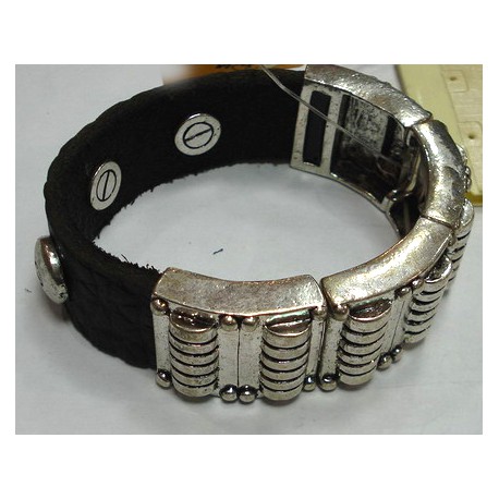Bracelet élastique métal et cuir noir