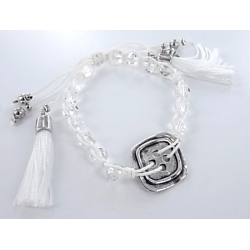 Bracelet fantaisie perles facettées blanches, pompon