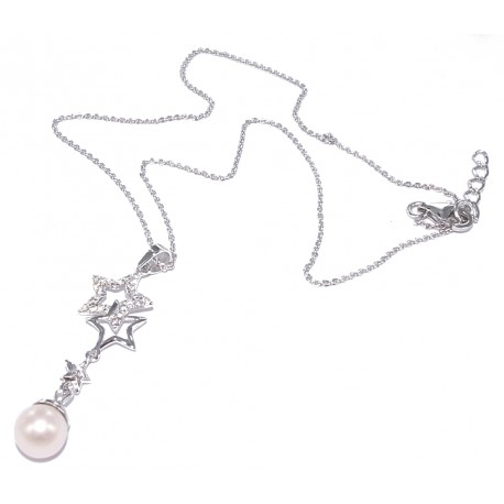 Collier argent 2,8g 40+3cm rhodié zircon et perles véritables