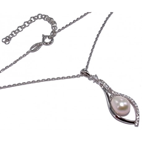 collier argent rhodié  3,5g 38+5cm perles véritables et zircons