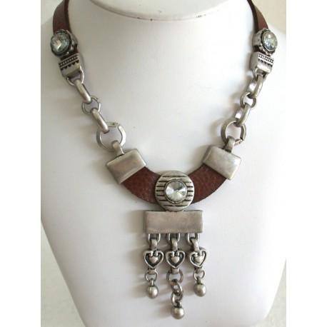 Collier métal cuir marron et strass