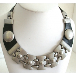 Collier métal et cuir noir