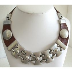 Collier métal et cuir marron