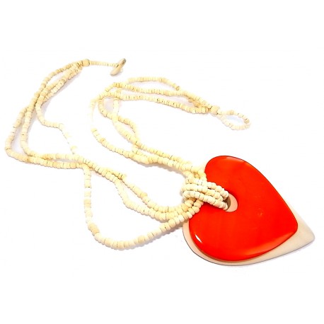 Collier 3 rangs bois clair et nacre teintée orange 45cm