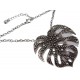 Collier fantaisie vieil argent 50+5cm feuille et strass