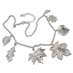 Collier fantaisie argenté 42+5cm feuilles