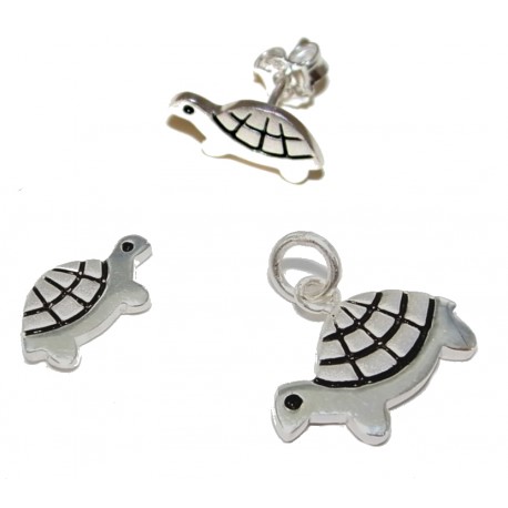 Set argent 4g pendentif+bo 2 tons tortues