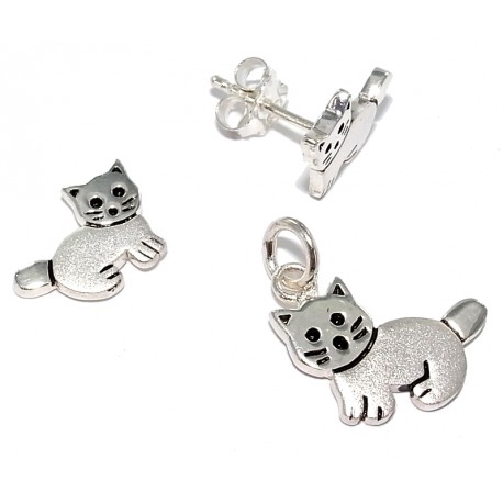 Set argent 4,2g pendentif+bo 2 tons chats