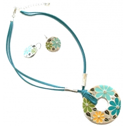 Parure époxy collier 40+5cm +bo bleu/vert/orange