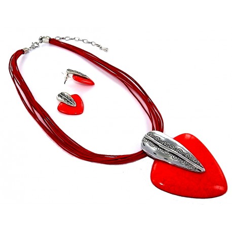 Set collier coton rouge 42+8cm  résine  +bo