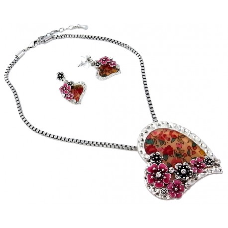 Parure fantaisie collier 40+5cm+bo résine strass et émail rouge