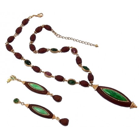 Parure collier 40+5cm + bo résine imitation bois et verte