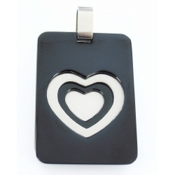 Pendentif acier plaque coeur mat et noir