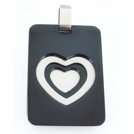 Pendentif acier plaque coeur mat et noir