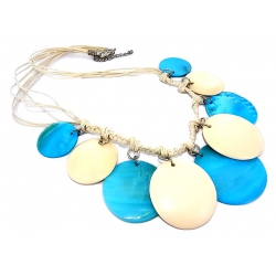 Collier 6 rangs nacre teintée bleue et bois 60+5cm