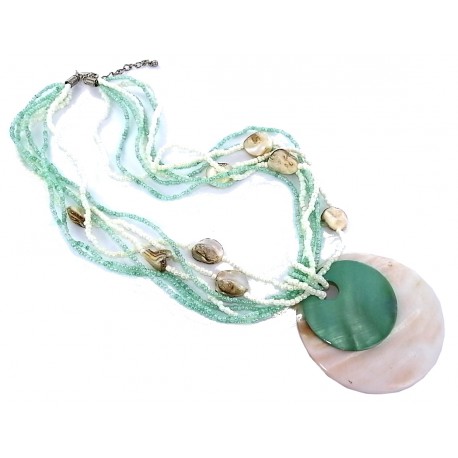 Collier 7 rangs (vert) verre nacre et coquillage 55+5cm