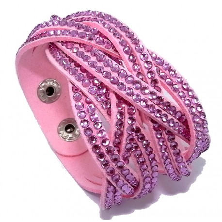 Bracelet torsadé rose strass rose 2 tours - 3x2 rangs - 40 cm