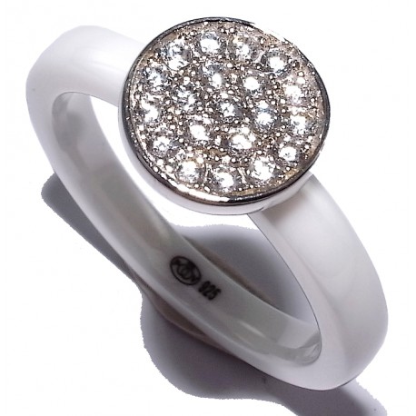 Bague céramique blanche et argent rhodié 1,3g zircons p. 3mm T 50 à 60