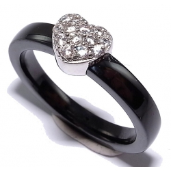 Bague céramique noire et argent rhodié 1,1g "coeur" zircons p. 3mm T 50 à 60