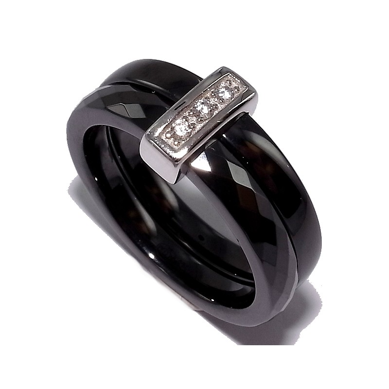 Bague c ramique noire et argent rhodi 1g zircons p. 3 3mm 1