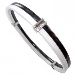 Bracelet céramique noire et blanche argent rhodié 3g 1 anneau blanc facetté 65 m