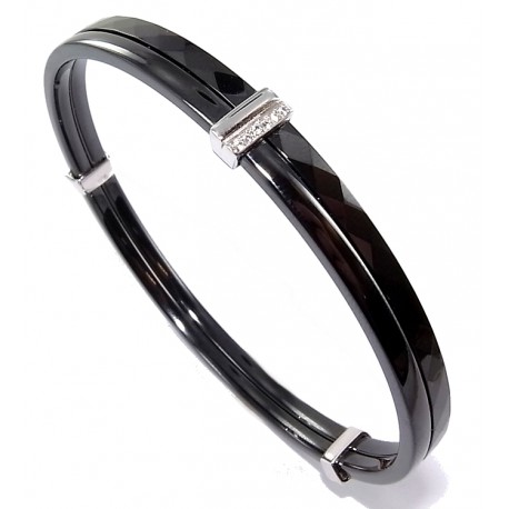 Bracelet céramique noire argent rhodié 3g 1 anneau facetté 65 mm de diamètre
