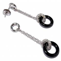 Boucles d'oreille céramique noire et argent  rhodié 1,9g zircons lng 3,5 cm