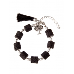 Bracelet fantaisie argentés, imitation pierres de lave, pompon et arbre 19 cm
