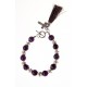 Bracelet fantaisie argenté perles violettes, pompon et croix 18 cm