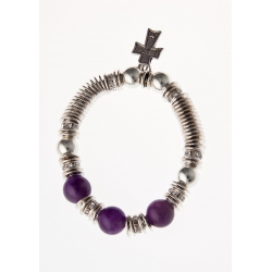 Bracelet fantaisie argenté perle violette, strass et croix e