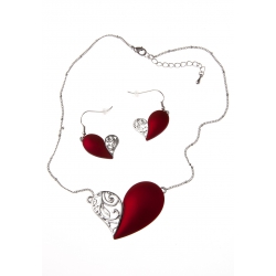 Parure fantaisie "cœurs" collier 42+5 cm époxy rouge + boucles d'oreille assorti