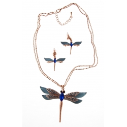 Parure fantaisie "libellule" collier 42+5 cm époxy bleu, résine, cristal et fini