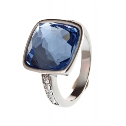 Bague acier verre bleu foncé et strass preciosa